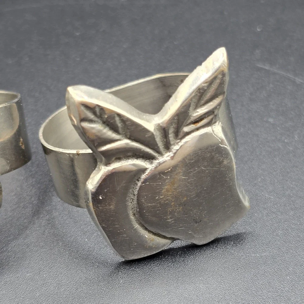 Napkin Rings Holder Set 2 LOT Fruit Pewter Apples Cherries Vintage Kitschy‎